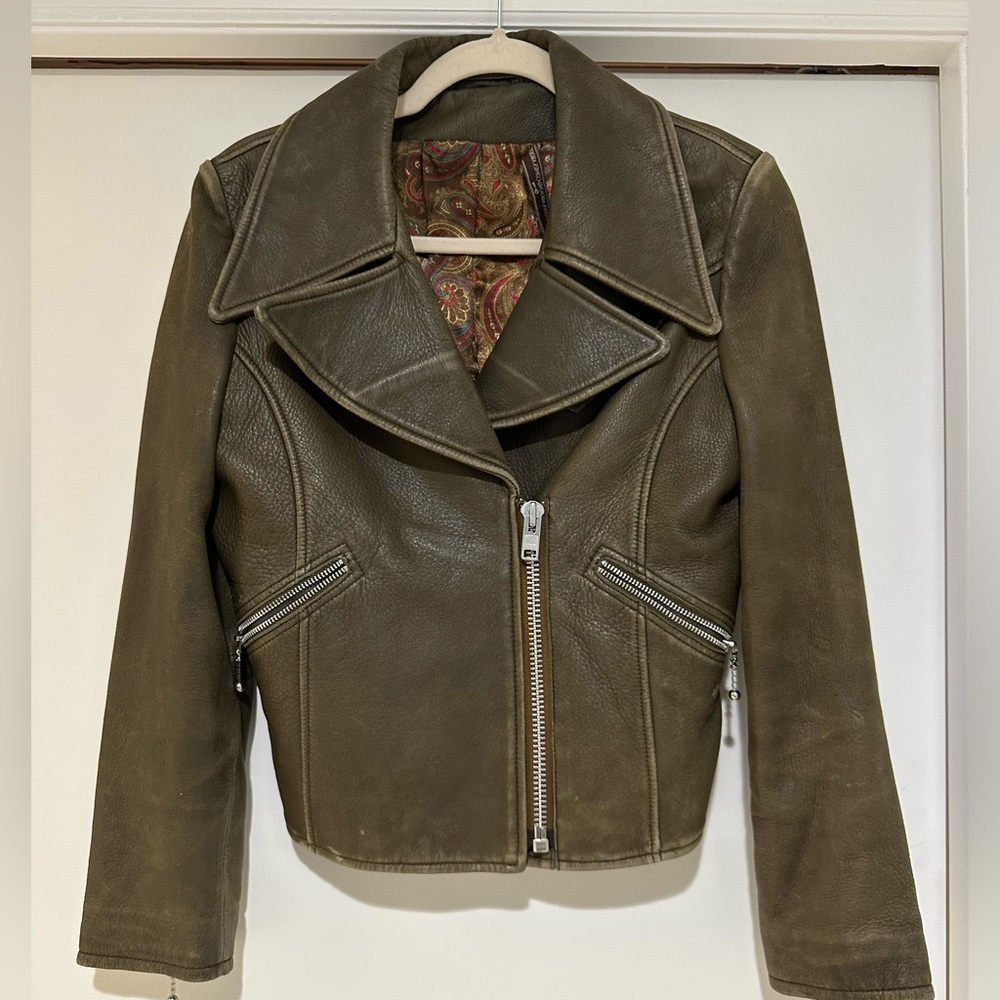 Vintage What goes around comes around green leather jacket with silver and silk